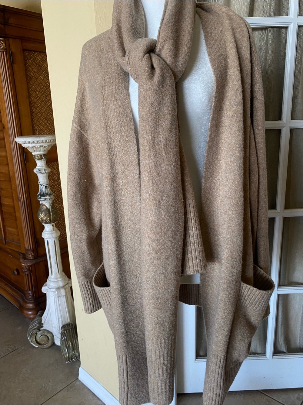 LOFT Camel Knit Cardigan with Attached Scarf